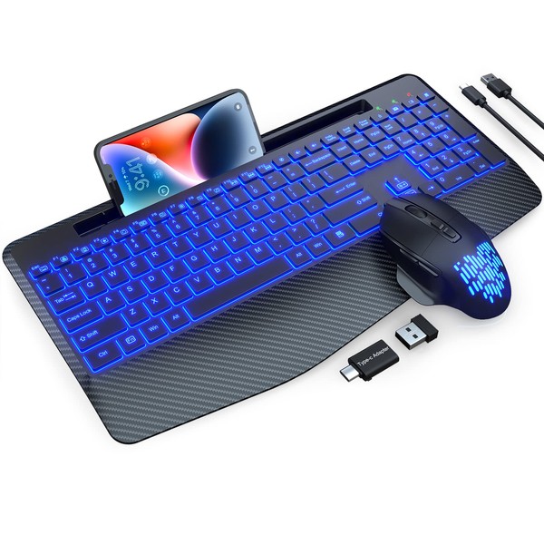 Wireless Keyboard and Mouse Backlits, Wrist Rest, Jiggler Mouse, Rechargeable Ergonomic Keyboard with Phone Holder, Silent Light Up Combo for Computer, Mac, PC, Laptop, Chromebook -by SABLUTE