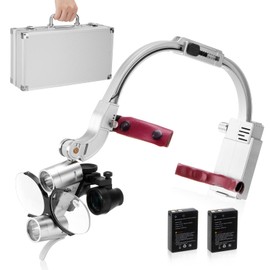 4E 4E'S USA Head-Mounted Dental Loupes with Light 3.5X 420mm, Dual Rechargeable Batteries, Ergonomic Design, Clear Vision & Comfort - Silver