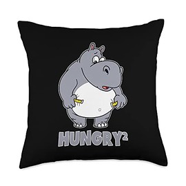 Plump Hippos Fat Rhinos Food Lover Stomach Gift Funny Hungry Hippo Chubby Rhino Big Belly Hunger Overweight Throw Pillow, 18x18, Multicolor