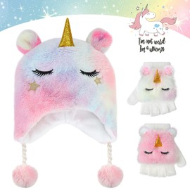 Hifot Unicorn Hat and Gloves Set Children Girls 3-Piece Unicorn Beanie Hat Children's Gloves Set for 3-10 Years, Beanie Hat Kids Winter Gloves Fingerless with Cap Winter Warm Set, multicoloured
