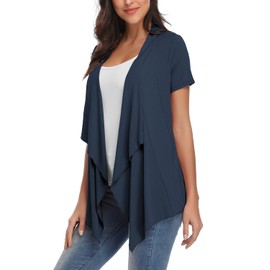 Exchic Women's Open Front Cardigan Irregular Hem Short Sleeve Outfits - navy blue, size: xl
