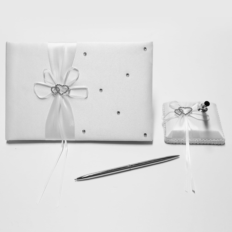 Wedding Guest Book and Pen Set with White Satin Bow,