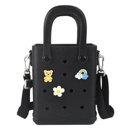 Juyeesm Mini Rubber Beach Bag with Strap & Charms, Waterproof EVA Beach Bag for Girls, Small Rubber Tote Bag for Women (Dark Black)