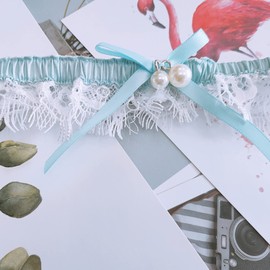 Wedding Garter Set for Bride Brides Garter Bridal Lace Leg Garter with Hand Sewn Faux Pearls-Something Blue (Blue, S)
