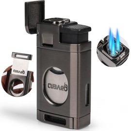 CUBARO Cigar Lighter with Guillotine Cutter – Triple Jet Torch Flame Lighter with Automatic Flame Cover – Butane Refillable Windproof Torch for Cigars – Luxury Gift Box (No Butane Included)