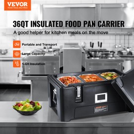 VEVOR Insulated Food Pan Carrier, Stackable Catering Hot Box with 3 Stainless Steel Pans, 36Qt Capacity, Top Load LLDPE Food Warmer with Elastic Side Handles and Buckles, for Restaurant Canteen, Black