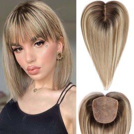 HAIRCUBE Hair Topper 5"*5.5" Base Hair Toppers for Women Real Human Hair，14 inch Light Brown with Blonde Highlight 100% Human Hair Topper with Bangs for Women with Thinning Hair Cover Grey Hair Root