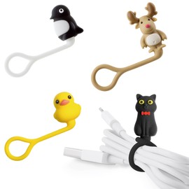 BONE Style Q Cord Ties (4 Packs), Cute Cartoon Animal Wire Management & Cord Organizer, Reusable & Washable Silicone Cable Strap (Patti Duck - Miao Cat - Mr. Deer - Maru Penguin)
