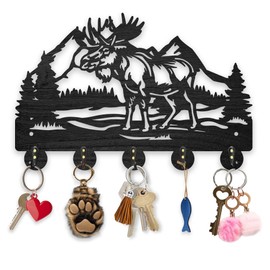MAYJOYDIY Wood Mountain Elk Key Hook Wall Mounted Forest Animal Tree Key Hangers 11.8×7.9inch Natural Scenery Coat Hook Christmas Ornaments Hook 5 Alloy Hooks for Gift Entryway Bedroom Living Room