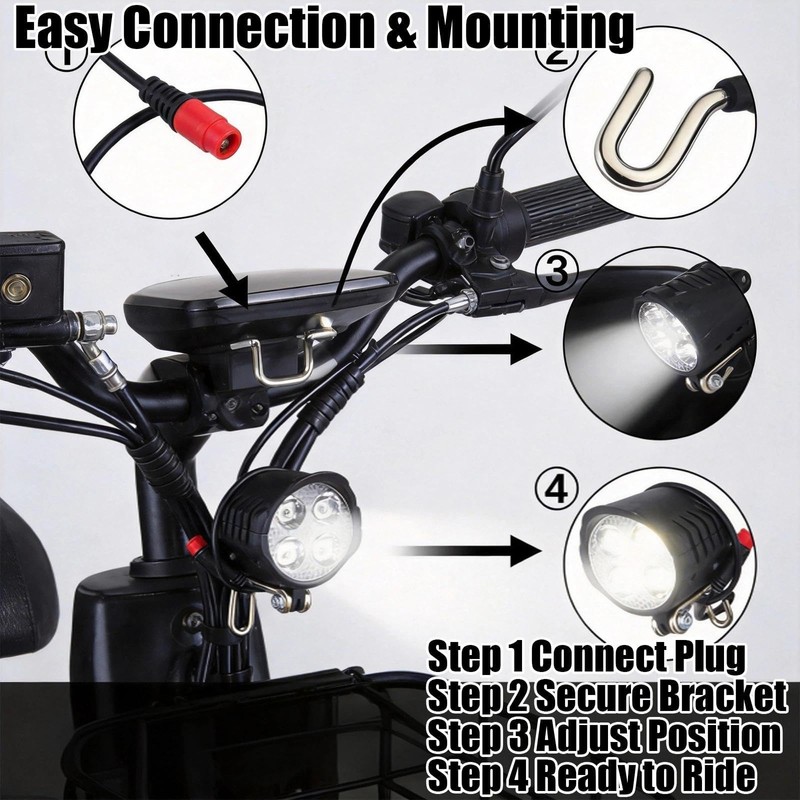 2PCS 36V 48V Ebike Headlights with 2-Pin Connectors Fit for