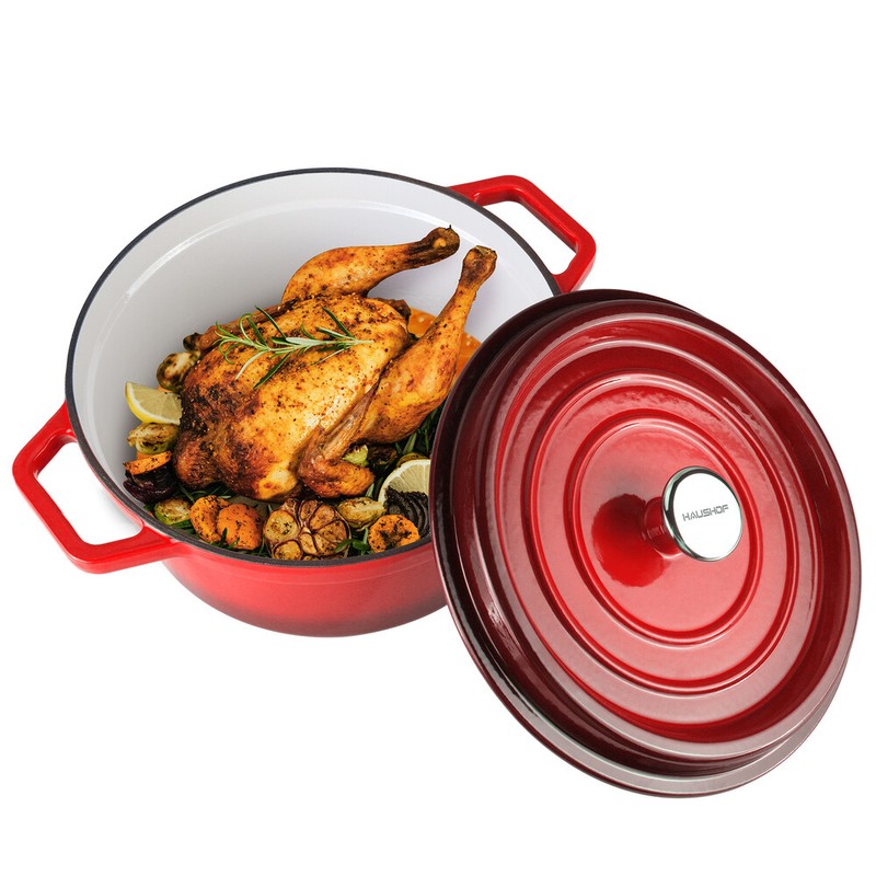 HAUSHOF 5.3QT Enameled Cast Iron Red Dutch Oven Non-Stick Pot