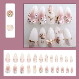 Almond Press on Nails Medium Fake Nails French Tip False Nails with Gold Designs Stick on Nails Bow Charm Glue on Nails Cute Sparkly Artificial Nails for Women 24pcs