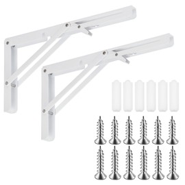 Mardatt 2Pcs 12" White Folding Shelf Brackets, Heavy Duty Stainless Steel Triangle Shelf Bracket Collapsible Wall Mounted Shelf Bracket with Screws and Anchors Space Saving for Table Work Bench