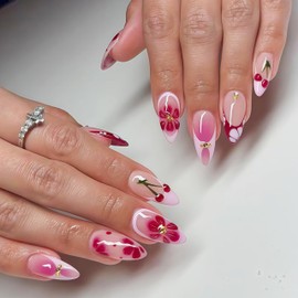 Red cherry French Medium Almond Press on Nails False Nails with 3D Designs Gold Beads Nails Full Cover Artificial Stick on Nails Reusable Acrylic Nail Glue on Nail for Women Manicure Kit 24PCS