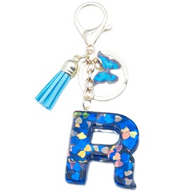 Xsclpomddy A-Z Initials Letter Keychain Blue with Tassel Butterfly Pendant for Wallet Backpack Handbags Women Girls,Letter R