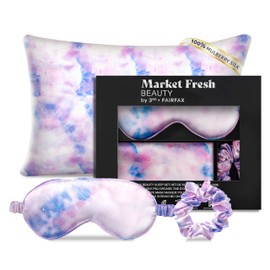 Market Fresh Beauty Mulberry Silk Pillowcase Gift Set, Eye Mask, Pillowcase, and Scrunchie for Gentle Sleep Reducing Breakage, Tangles, Creases, and Wrinkles - Queen Size - Pink & Blue & White