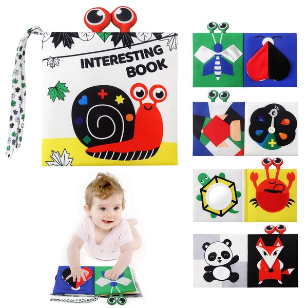 BelleStyle Black and White Baby Book, Baby Sensory Book, Baby Fabric Book 0 3 6 Months, Soft Crinkle Book with Mirror and 3D Animals Educational Toy Gift for Baby Girl Boy Snail