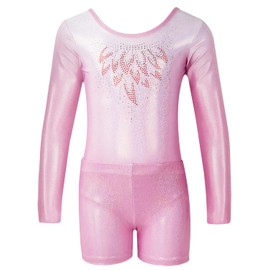 Gogokids Girls Three-Piece Gymnastics Leotards, Long Sleeve Gymnastics Set with Shorts and Hairband, Sparkling Ballet Dancing Unitards - Gymnastics Outfit with Gradient Color Design for 8-9 Years