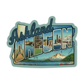 Die Cut Sticker Ashland, Oregon, Large Letters Scene, Contour, Vintage Artwork Vinyl Sticker 1 to 3 inches (Waterproof Decal for Cars, Water Bottles, Laptops, Coolers), Small
