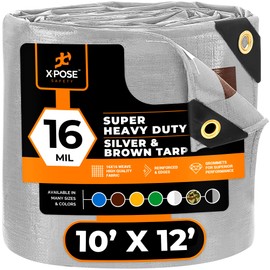 10' x 12' Super Heavy Duty 16 Mil Silver/Brown Poly Tarp Cover - Thick Waterproof, UV Resistant, Rip and Tear Proof Tarpaulin with Grommets and Reinforced Edges - by Xpose Safety