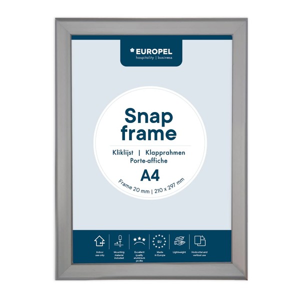 Europel A4 folding frame with 20 mm aluminium profile, hinged poster frame with mitre corner, snap frame for e.g. posters, certificates, photos and advertising materials, silver