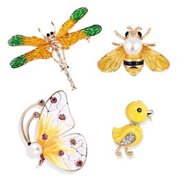 Set of 4 Animal Themed Enamel Crystal Rhinestones Brooches Pin,Bee Butterfly Dragonfly Yellow Duck Brooch Breastpin for Clothes Collar Dress Scarf Decoration