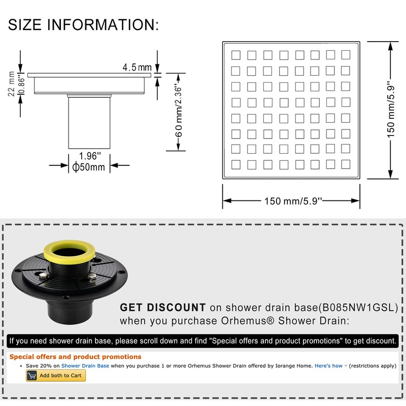 Orhemus Square Shower Floor Drain with Removable Cover Grid Grate