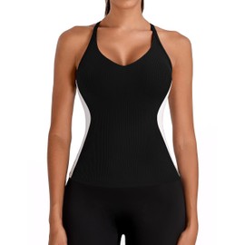 BMJL Womens Ribbed Workout Tank Tops Built in Bras Color Block Athletic Yoga Shirts Racerback Camisole(M,Black)
