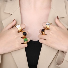 OIDIMS Stunning Large Statement Glass Crystal Rhinestone Band Cocktail Ring Cubic Zirconia Stainless Steel Thick Chunky for Women Men 18k Friend Graduation Gift Evening Party (8, Clear)