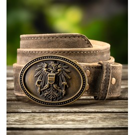 Schöneberger Trachten Couture Franco Men's Costume Belt Austria, Leather Belt with Austria Eagle Buckle, Lederhosen Belt Made of Wild Bock Leather, Peat Brown, Bundweite 110 (54-56)