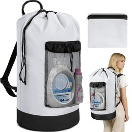 WELIDAY Laundry Bag Backpack with Shoulder Straps and Mesh Pocket Foldable Clothes Hamper Bag with Drawstring Closure for College, Apartment, Laundromat (White)