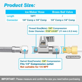 Refrigerator Water Line Kit - 20FT Stainless Steel Ice Maker Water Line with Brass Ball Valve,Foodgrade PEX Inner Hose Fridge Water Line with 1/4" Comp Fitting and 1/4" Comp Valve