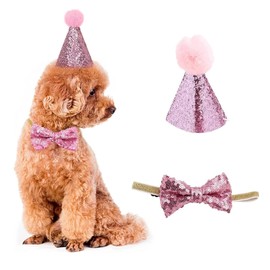Dog Birthday Hat, Pet Dog Cat Birthday Hat and Bow Tie Collar Pet Birthday Costumes Outfit Headwear Party Decorations for Puppy Kitty (PINK)