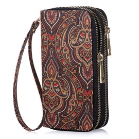 HAWEE Cellphone Wallet for Women Dual Zipper Long Purse with Removable Wristlet, Coffee Flower
