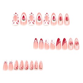 Strawberry Press on Nails Medium Fake Nails French Tip Stick Pink Red White Designs Pearl Bow False Nails Glossy Almond Acrylic Nails Artificial Nails Gel Cute Glue on Nails for Women Manicure 24PCS