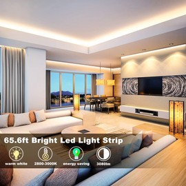 MY BEAUTY LIGHT LED Strip Lights Warm White,65.6ft Dimmable LED Light Strip with RF Remote,1200 Bright 3000K 2835 LEDs,Plug-in Adhesive Rope Lights with Timing Mode for Living Room Bedroom Kitchen