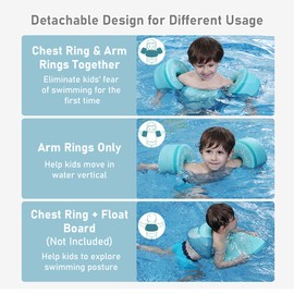 Mambobaby 3-in-1 Non-inflatable Kids Swim Vest Life Jackets for Kids Boys Girls Swim Vest with Detachable Chest & Arm Rings for Age 3-6 Years Kids