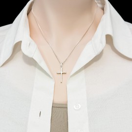 Sterling Silver Cross Necklace for Women and Teen Girls High Polish Cross Necklace Baptism First Communion Easter Gift for Daughter Goddaughter Birthday Gift (18 inches + 2-inch extender)