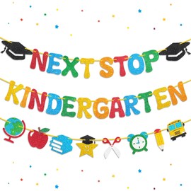Preschool Graduation Decorations, Pre-Strung Next Stop Kindergarten Banner, Glitter Preschool Graduation Banner for Pre K Graduation Decorations & 1st Day of Kindergarten Decor (3Pcs)