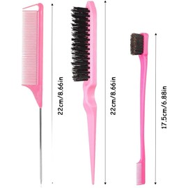 Slick Back Hair Brush Edge Brush, 6Pcs Teasing Comb Bristle Brushes, Bristle Hair Brush Edge Control Brush Teasing Comb,Hair Styling Comb Bristle Teasing Brush, Rat Tail Comb Dual Edge Brush, Pink
