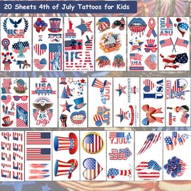 Hohamn 4th of July Patriotic Temporary Tattoos - 20 Sheets American Flag Independence Day Tattoos for USA Theme Party Supplies Favors