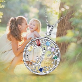 EUDORA Tree of Life Necklace for Women S925 Sterling Silver Mother Daughter Tree Pendant for Mom Colorful CZ Necklace for Mother Daughter Sisters Jewelry Wife Mother's Day Gift, 45CM