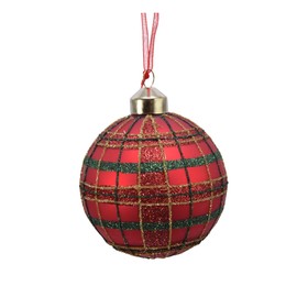 Christmas-Decorations Christmas Baubles Glass 8 cm x 3 Pieces with Glitter Pattern Checked Tartan Christmas Red