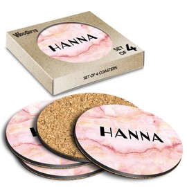 4 x Boxed Round Coasters - Name Hanna Marble Stone Texture Letter Lettering Initial Cork Backed MDF Glossy Tea Coffee Accessory #276940