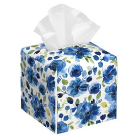 Blue Blooming Floral Flower and Plants Tissue Box Cover Square Leather Tissue Holder Waterproof Facial Paper Organizer Dispenser Cube Paper Cover Case for Home Office Bathroom Vanity Countertop