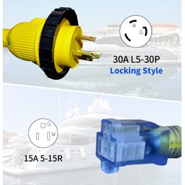 APEXSPORTS 1.5FT RV Pigtail Shore Power 30A Male L5-30P to 5-15R Female 15A Dogbone Adapter Power Cord Twist Lock L5-30P Male to 5-15R Female, LED Power Indicator.