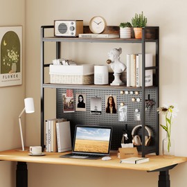 SILKYDRY Desk Hutch, 37" Desktop Bookshelf with Pegboard, Countertop Storage Hutch for Computer Monitor, 2-Tier Desk Display Rack, Desktop Organizer Shelf for Dorm Home Office, Rustic Brown