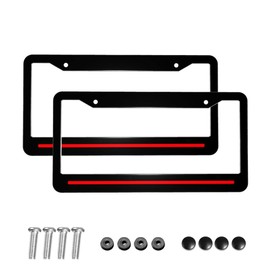 Thin Red Line License Plate Frames - 2 pcs Black Thin Red Line Aluminum Holder Cover with Stainless Steel Screws Caps License Plate Frame Fits All License Plates in Canada. (Red Line)