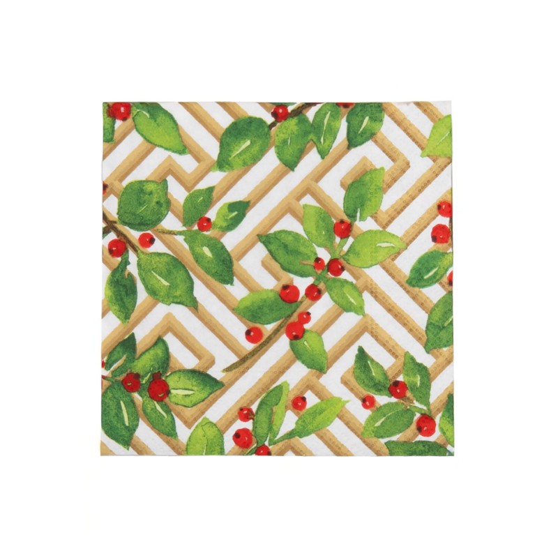 Caspari Holly and Fretwork White Cocktail Napkins - includes 20