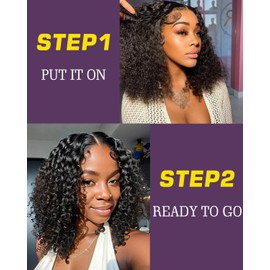 FASHION IDOL Short Curly Bob Human Hair Wig Precut Preplucked Glueless Wear and Go Lace Wig 200% Density Upgraded Invisible Secret Glueless Human Hair Ready to Wear Wigs